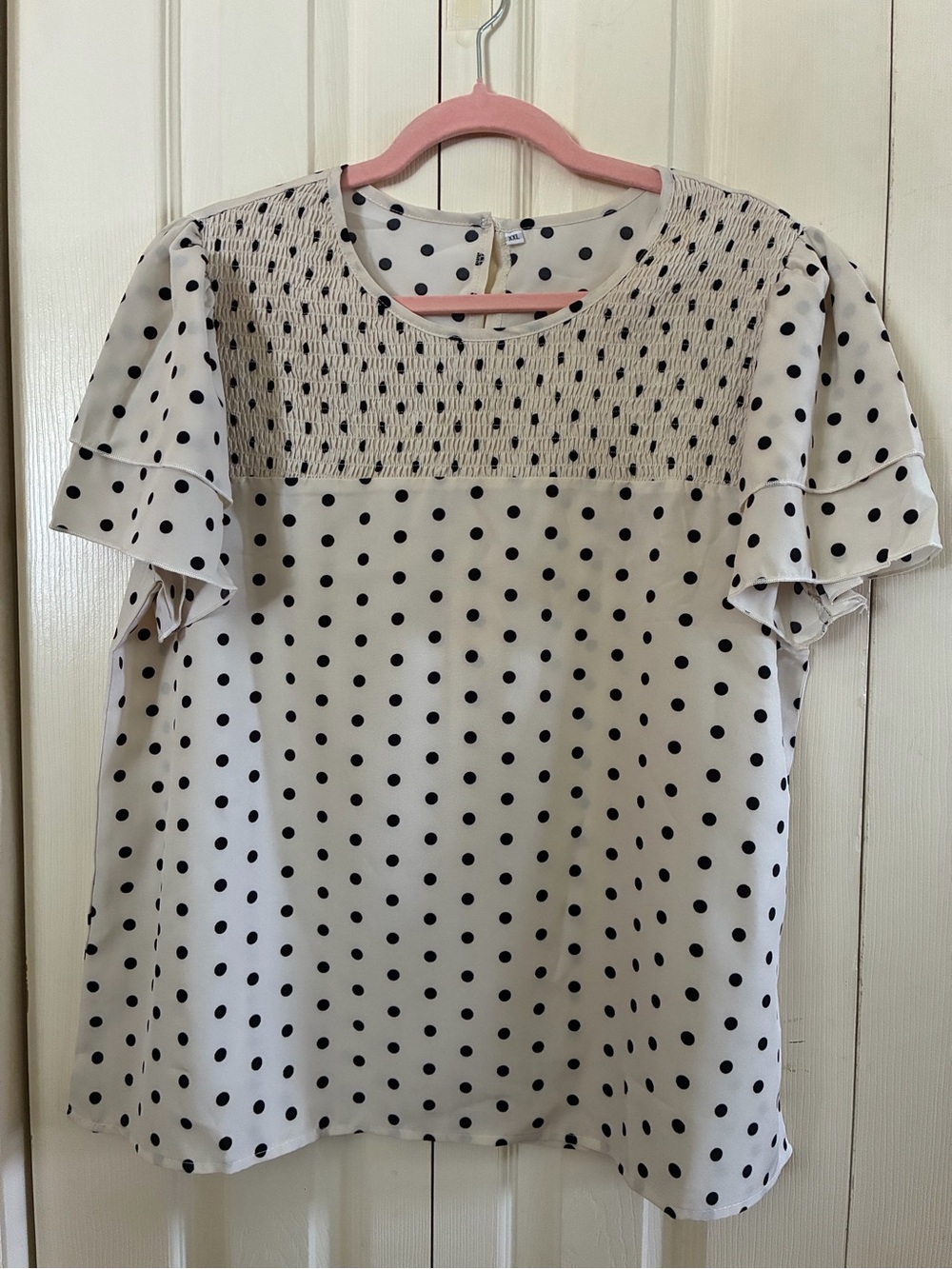 Polka Dot Smocked Yoke Short Sleeve Top - Black and Cream.